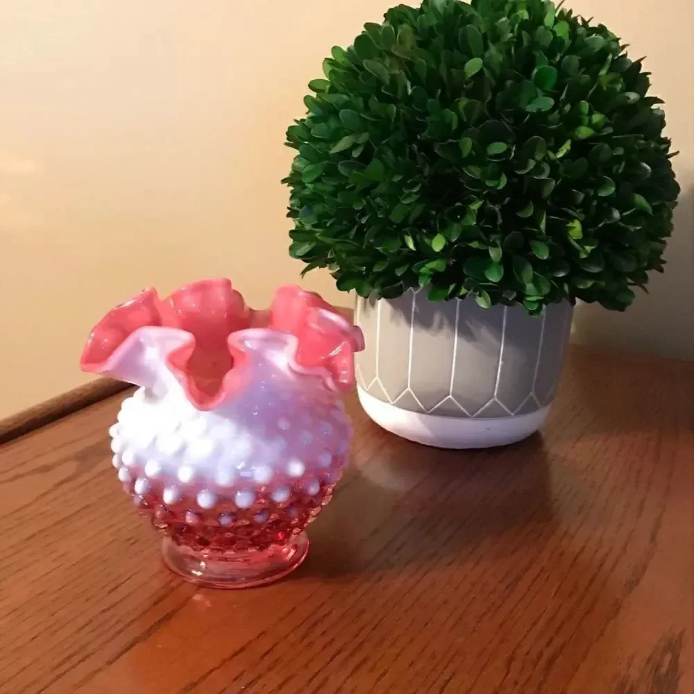 Vintage cranberry Fenton hobnail vase